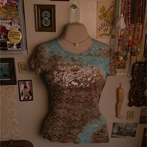 Y2K Yellowstone Graphic T-Shirt Women's Small Blue Brown Burnout Pattern